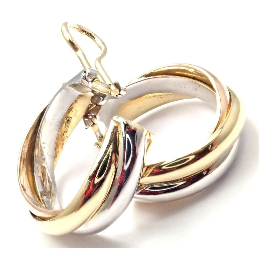 Authentic! Cartier 18k Tri-Color Gold Medium Size Trinity Hoop Earrings​ - Picture 3 of 10